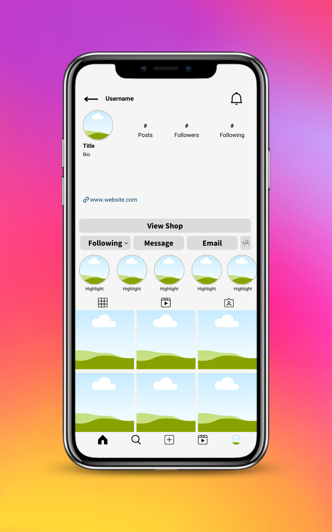 A mock-up of a phone with an instagram account on the screen. The account is totally blank with places to make up an account instead of using a screenshot of an existing one.